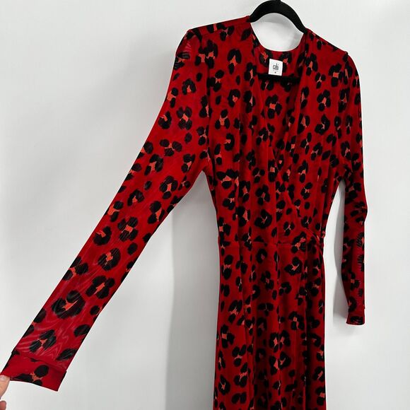 CABI Siren Red Black Leopard Print Sheer Sleeve Midi Wrap Dress Size Medium - Picture 6 of 8